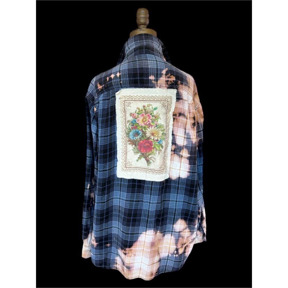 Moonshine Salvage Bleached Floral Art Flannel Shirt XL Cottagecore Boho - Picture 3 of 9